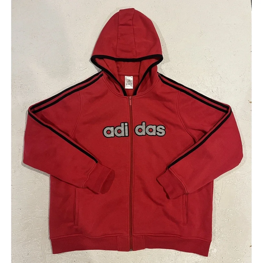 Vintage‎ 3 Strips Label ADIDAS Embroidered Zippered Hooded Sweatshirt Mens 2XL